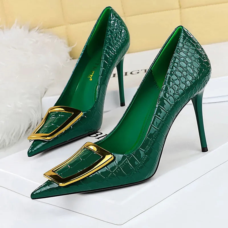 Metal buckle 10cm luxury women banquet stilettos high heels sexy party shoes pumps – Pollyanna Events