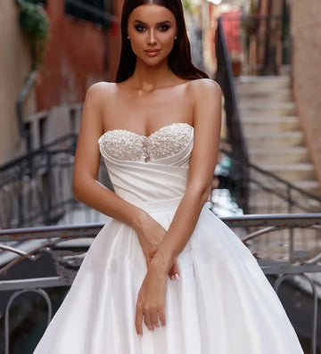 New Modern Wedding Dress Pearls Sequins Sweetheart A-line Satin Bridal Dresses Church Bride Gown vestidos de novia