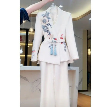 Insozkdg Ladies Embroidery Wide-leg Pants Suit Women Spring Autumn New Ladies Professional Women Suit Jacket Suit Two-piece Suit