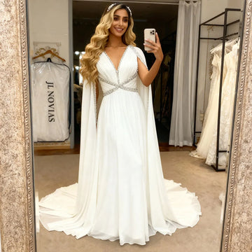 Elegant Beaded V Neck Wedding Dress With Train Long Sleeve Chiffon Ball Gown For WomenA Line Bridal Party Gown Vestidos Novia