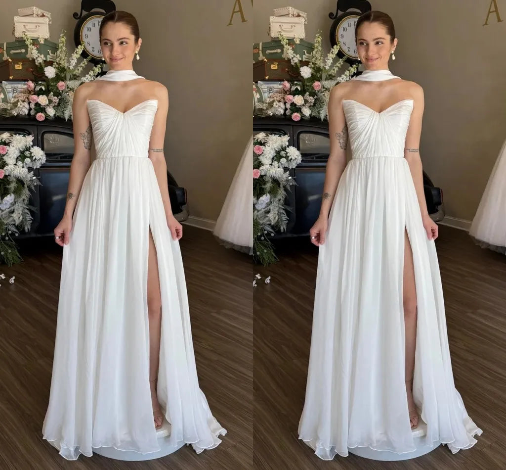 Classic A-line Wedding Dress With Warp Sweetheart Pleats Silt Chiffon Long Princess Bridal Party Gowns Vestidos De Noiva