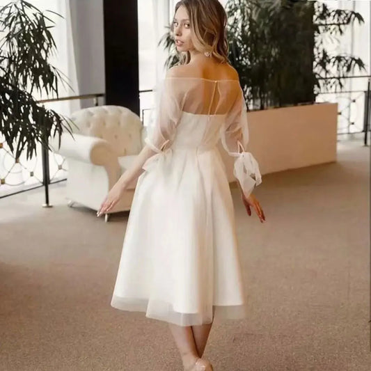 Tulle Off The Shoulder Short Wedding Dresses Half Sleeves Bride Gowns Tulle A-line Tea Length Vestido De Novia 2024