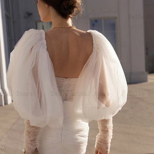 Sexy Short Wedding Dresses Sweetheart Neck Long Puff Sleeves Mini Bridal Gowns Sheath Above Knee Tulle فساتين مناسبة حسب الطلب