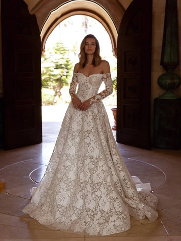 Customized Lace Appliques Sweetheart Wedding Dress Off The Shoulder Long Sleeve Bridal Gown A-line For Bride Vestido De Novia