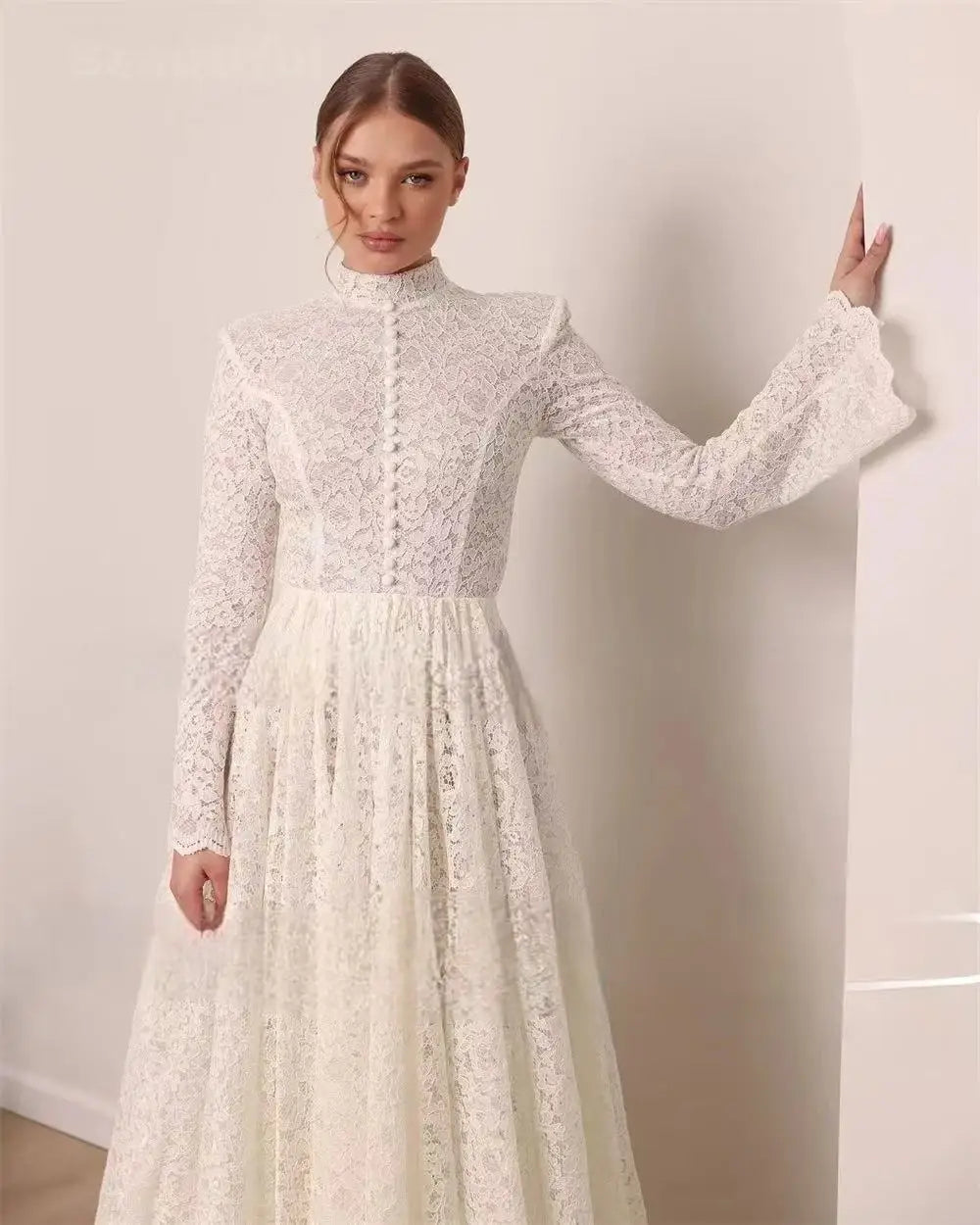 Customized  New Muslim Lace Wedding Dress High Neck Long Sleeves A-Line Bridal Dress Vestidos de novia Arab Robes de mariée