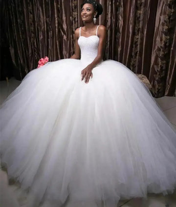 African Bridal Gown Wedding Dress Spaghetti Straps Sweet Lace-Up Back Beading Puffy Tulle Robe Mariage Vestidos De Noiva
