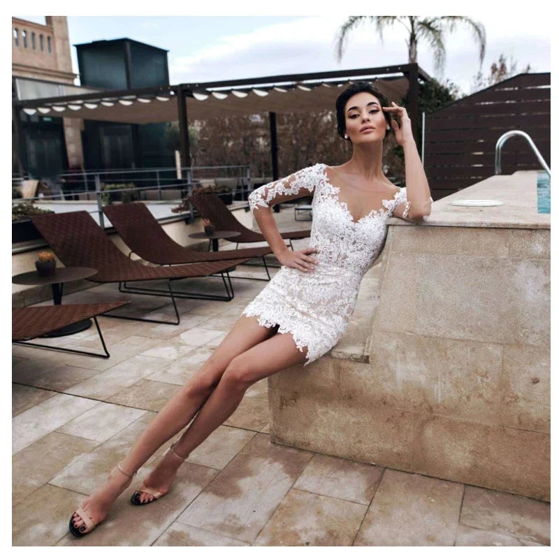 Charming short sheath sheer neck 3/4 sleeves lace appliques beach bride party gown – Pollyanna Events