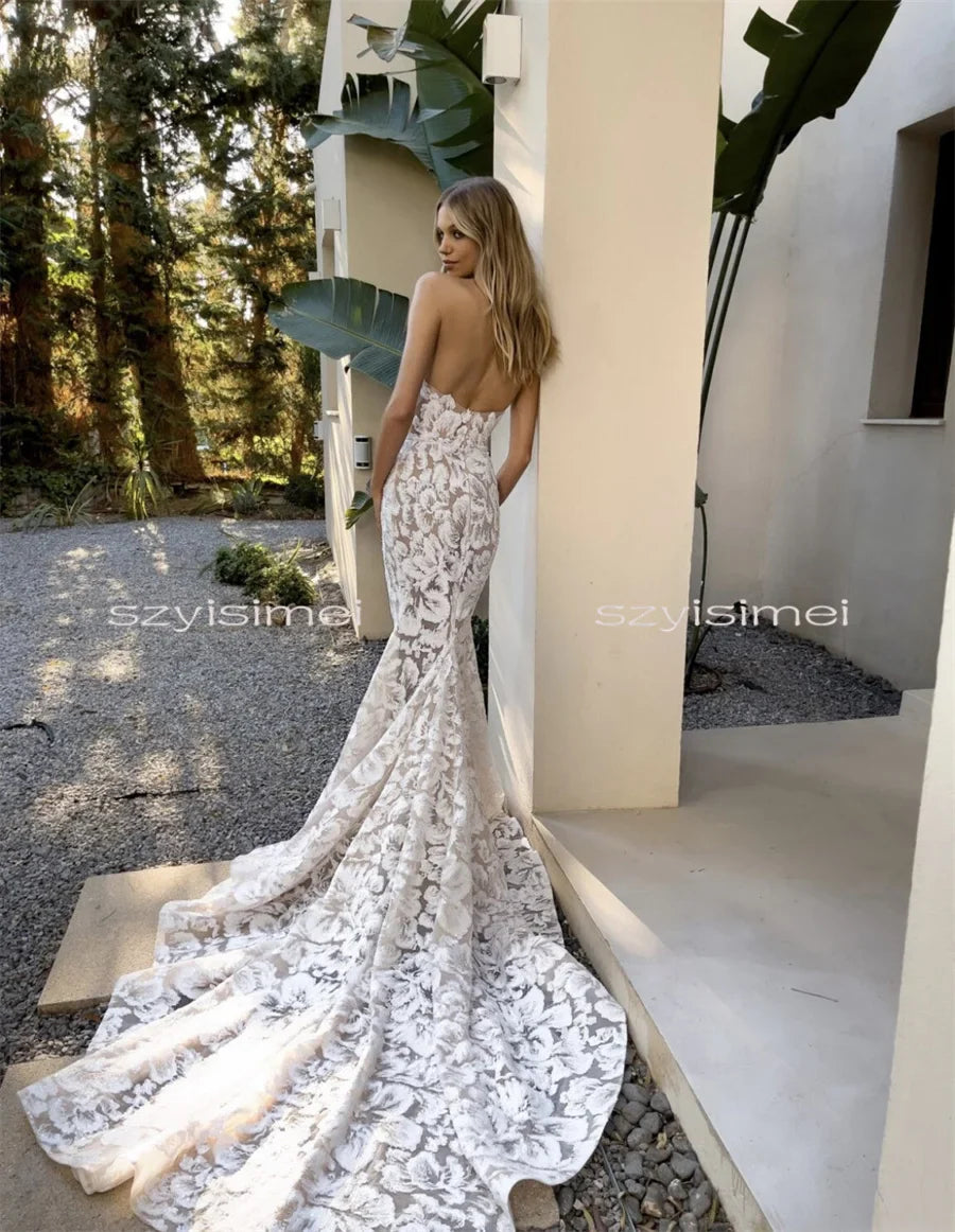 High QuanlitySweetheart Full Lace Applique Born Bodce Mermaid Wedding Dresses Backless Sweep Train Custom Made Bridal Grown Rode