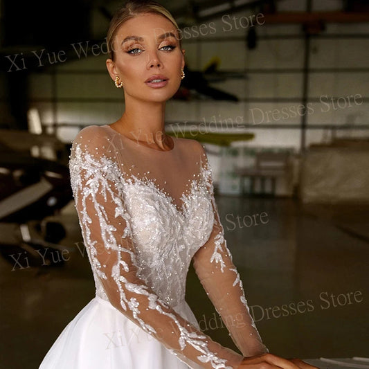 2025 Generous A Line Women's Wedding Dresses Charming Sexy Lace Appliques Customized Bride Gowns Long Sleeve Beach فستان الزفاف