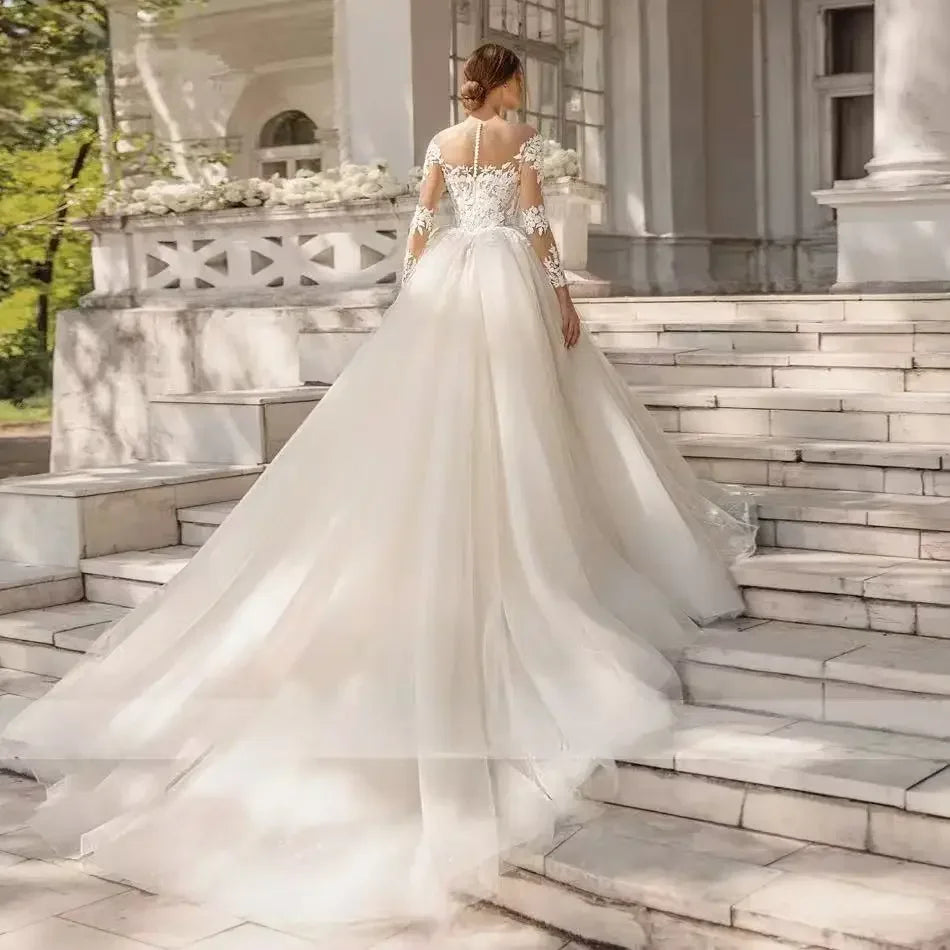 Customzied A-Line Wedding Dress Sparkling Tulle Lace Appliques For Bride Marriage Long sleeve Wedding Gown Vestidos De Novia