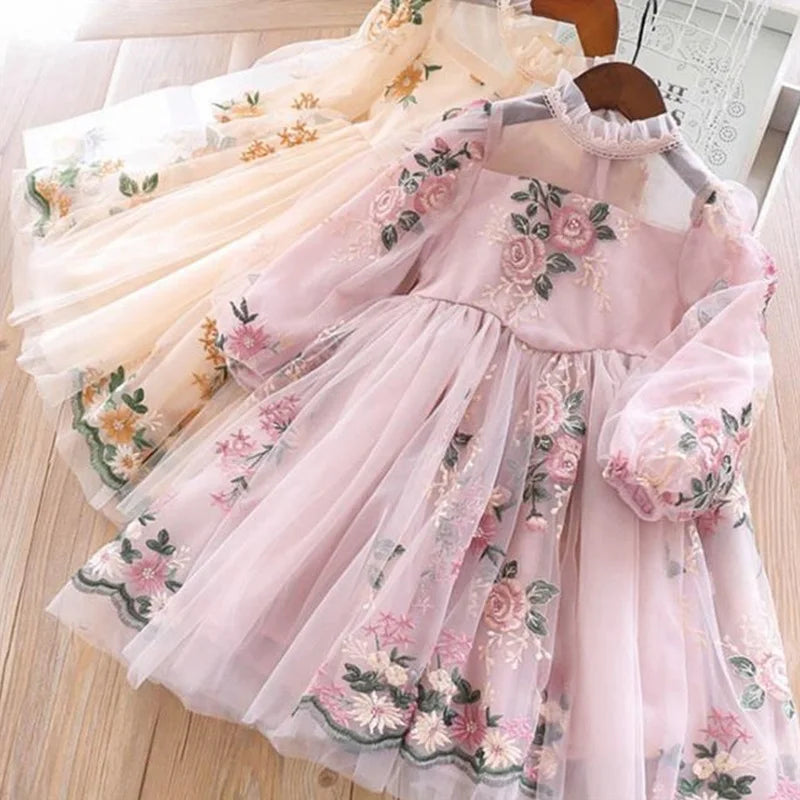 Elegante abito da festa di fiori a maniche lunghe abiti principessa di Natale Bircipato di compleanno per bambini abbigliamento di abbigliamento vestidos casual 3-8 anni