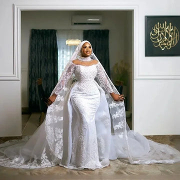 customized Plus Size Arabic African Wedding Dress Bridal Gowns Detachable Train Mermaid Pearls Lace High Neck Vestidos De Novia