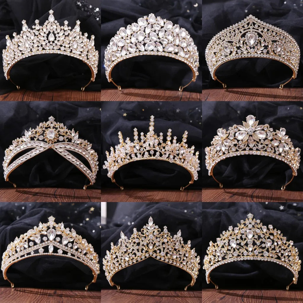 Baroque Korean Gold Color Crystal Crown Hair Accessories Luxury Rhinestone Tiara For Women Wedding Headdress Bridal Hair Jewelry
