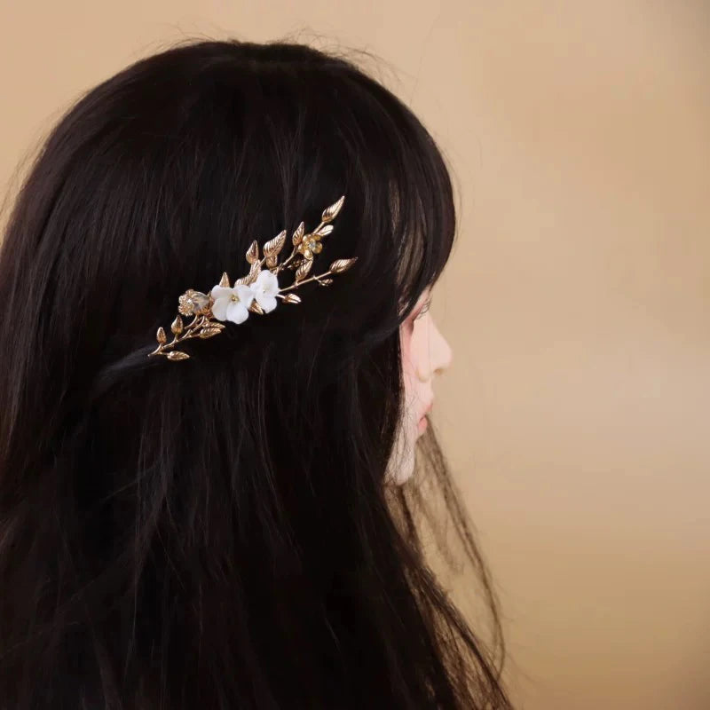 Wedding Accessories Vintage Hair Comb Pin Clip Gold Color Hairpin Women Brides Porcelain Flower Leaf Head Piece Bridal Jewelry