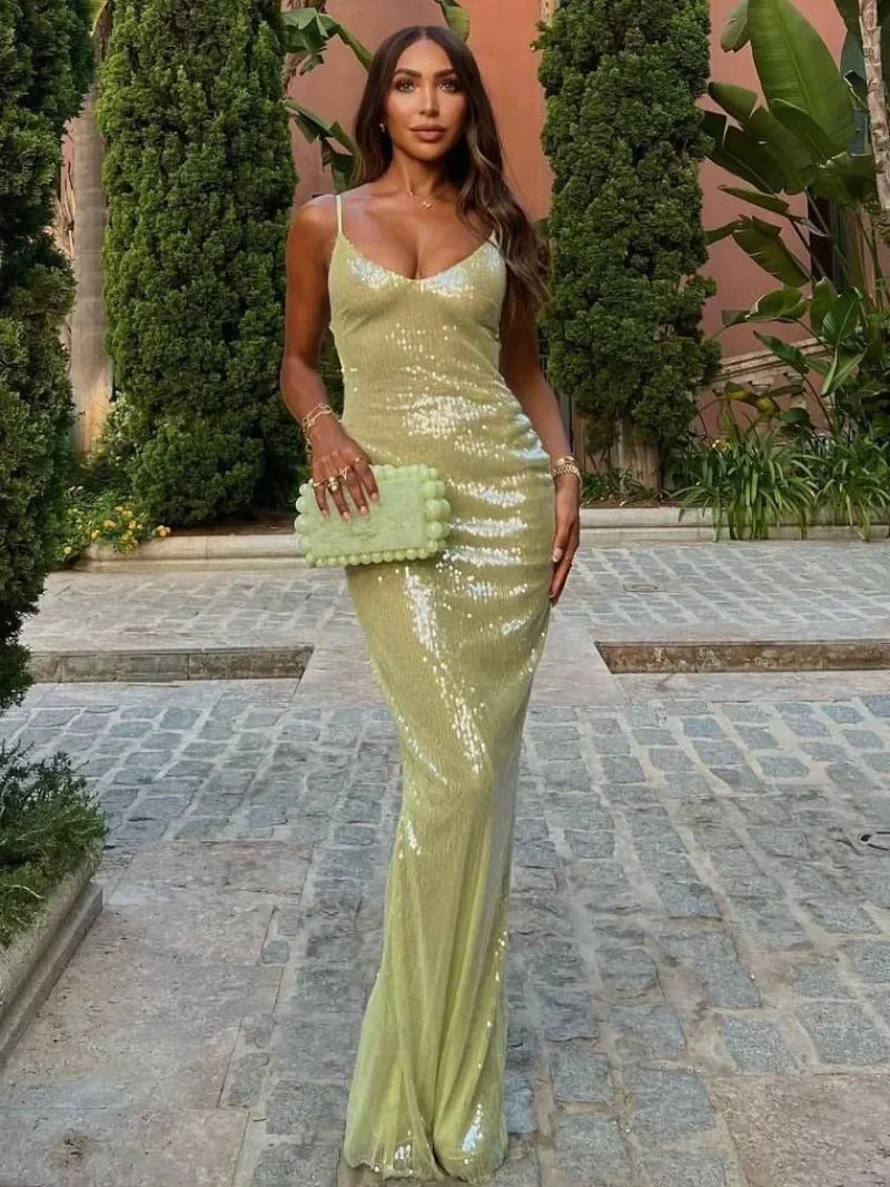 Luxures Sequinas sin respaldo High Slit Vestido largo Long 2024 Mujeres elegantes Túnica con la cintura alta con vestidos de fiesta para fiestas navideñas