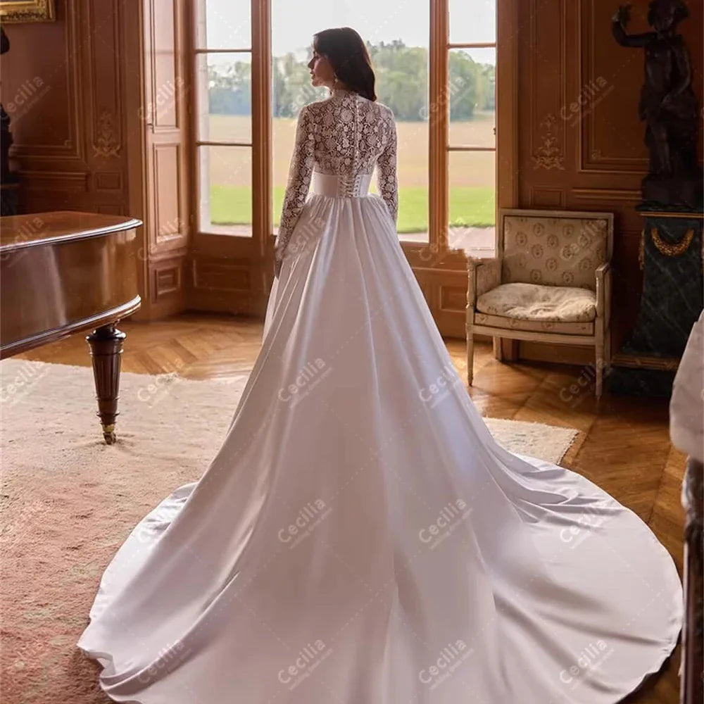 Elegant Wedding Dresses A Line Satin Bridal Gowns Lace Appliques Full Sleeves Robes Glamorous Customized Vestidos De Novia 2026