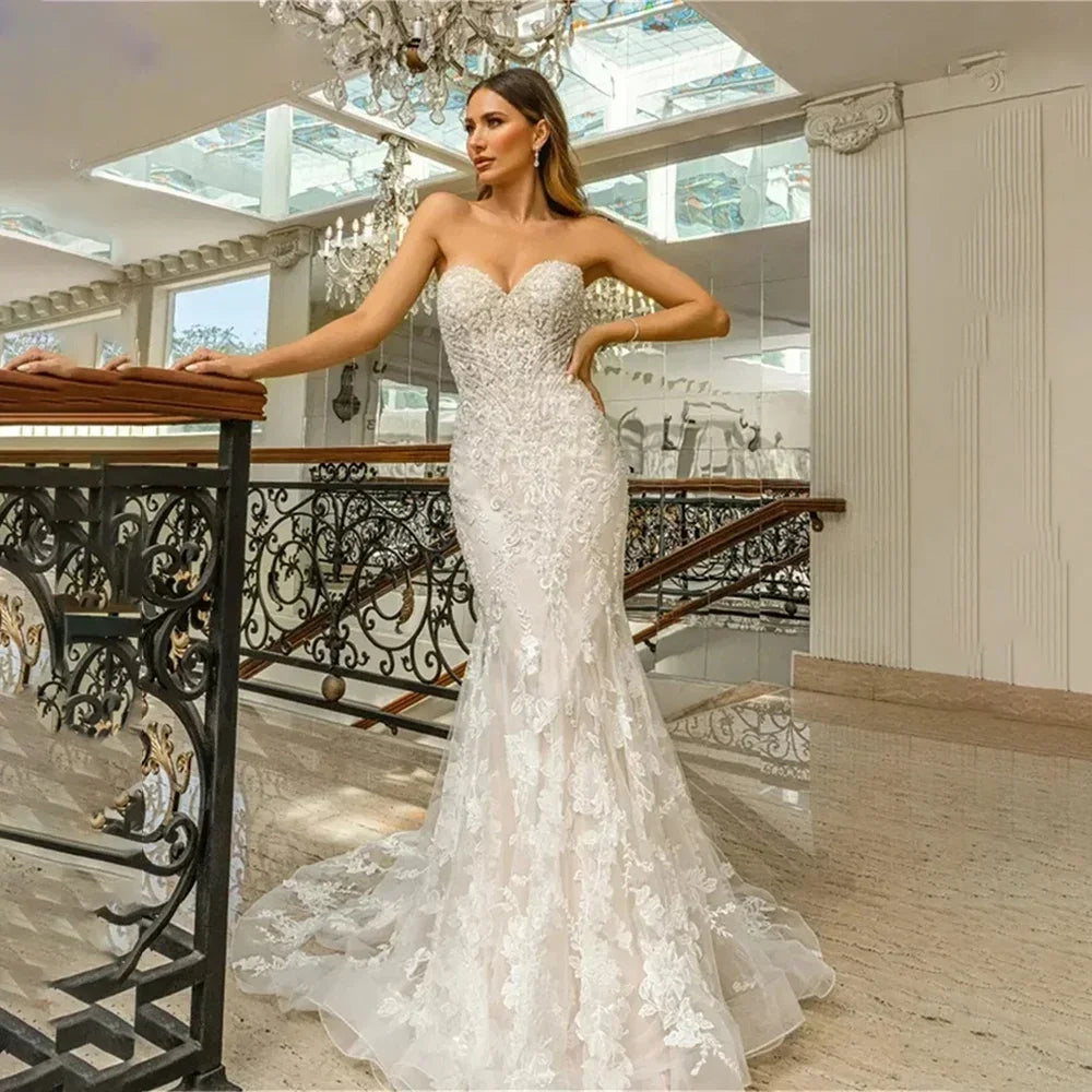 Customized lace Mermaid Wedding Dress Strapless Sleeveless Backless Bridal Gown Detachable Tail Marriage Vestidos De Novia