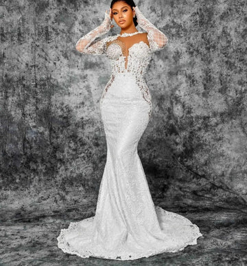 Vintage Mermaid Wedding Dress 2026 See Through Appliques Beads Illusion Long Sleeve Bridal Bride Grown Arabic Vestidos De Noiva