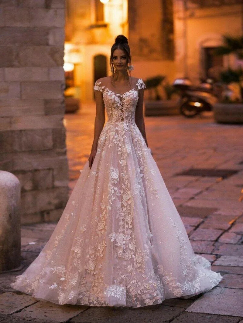 Customized  Elegant Princess Wedding Dresses  A-Line For Women Backless Beaded Lace Appliques Wedding Gown Vestidos De Novia