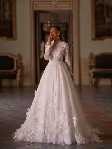 Customized High Collar Wedding Dress Sparkly Beads Bride Elegant Appliques A-line Bridal Gown Robe De Mariee Vestido De Noiva