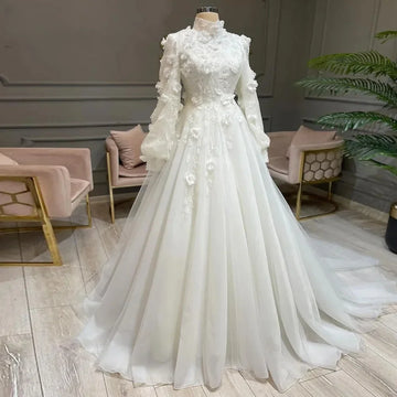 Customized High Neck Muslim Bridal Gowns A-Line Long Sleeves Islamic Wedding Dresses Lace Robe de Mariage Vestido De Noiva