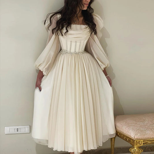 Bej kısa midi Arap gece elbisesi kemer uzun kollu çay uzunluğu kadınlar resmi düğün önlükleri SS393