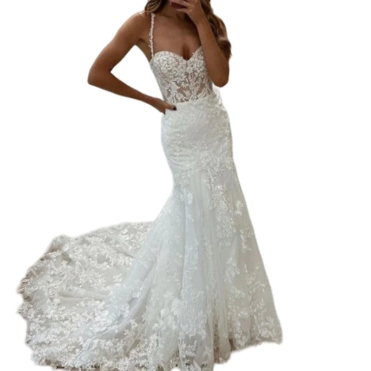 Lace Mermaid Lange trouwjurk voor bruid om spaghetti -riemen te zijn Sweetheart Bride Dresses Court Train Vestidos de novia