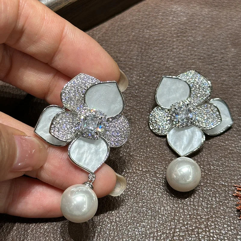 High Quality Pearl Zircon Bridal Earrings Flower CZ Zirconia Wedding Earring For Women Bride Accessories Birthday Gifts Jewelry