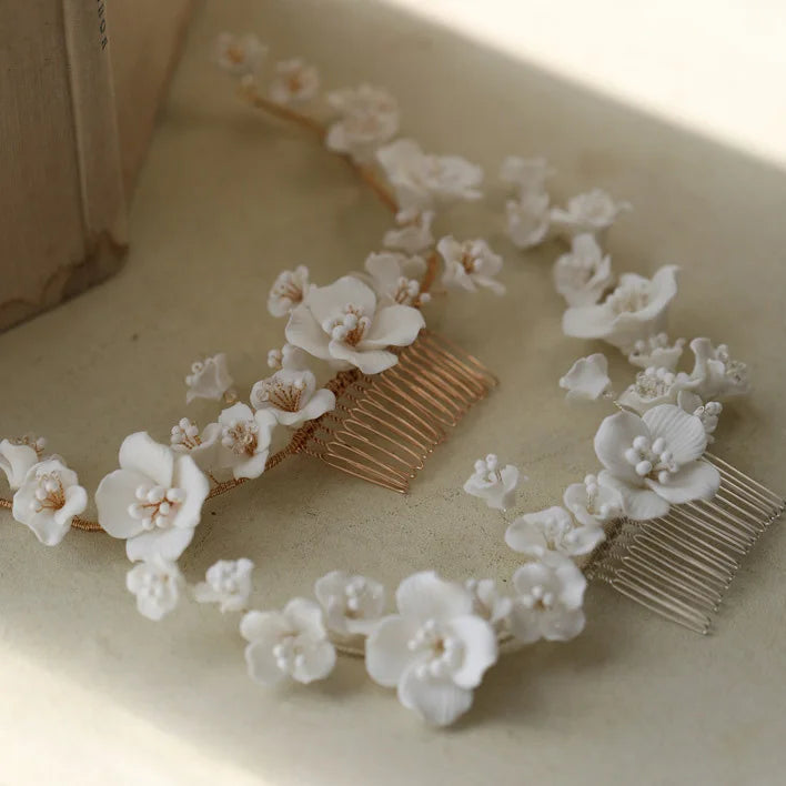 Bridal Jewelry Porcelain Flower Headband Gold Silver Color Hair Comb Pin For Brides Women Headwear Heapieces Wedding Accessories