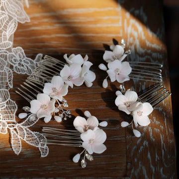 Pink Porcelain Flower Hair Comb Pin Clip Floral Head Piece For Brides Bridesmaids Hairpins Wedding Accessories Bridal Jewelry