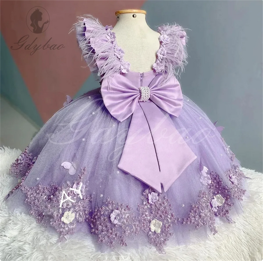 Pearl Baby Kids Tulle Birthday Party Flower Girl Abite Feather Abite lunghe farfalla per Pearl Pageant Bow Abito