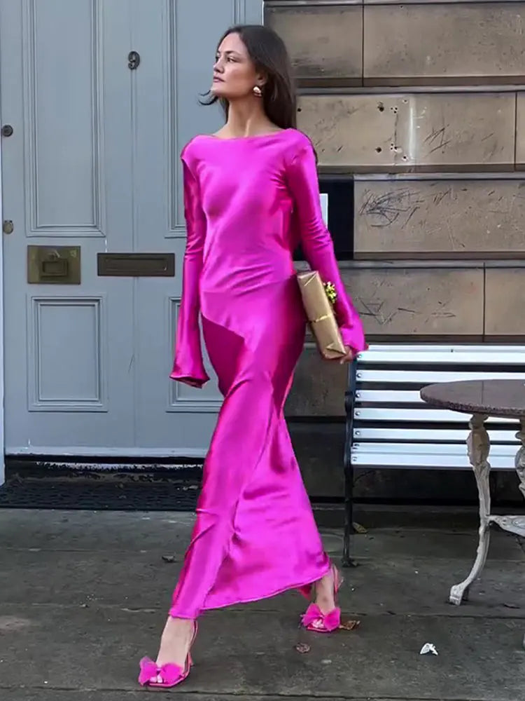 Sexy Backless Strapless Satin High Split Autumn Dress Women Flare Long Sleeve Long Dress Ladies Elegant Slim Party Dresses