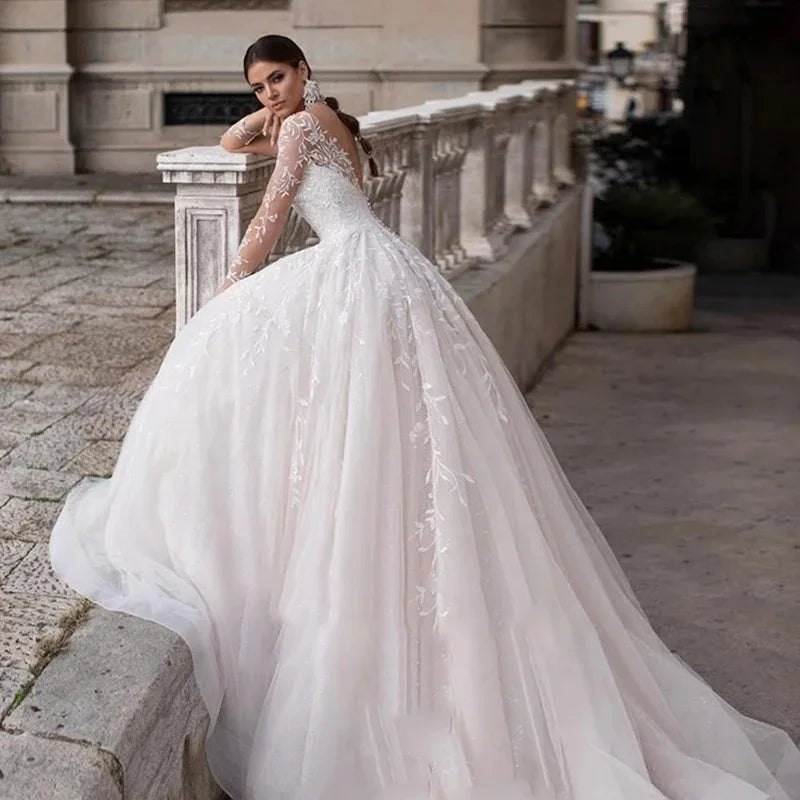 New modern V-neck long sleeves illusion lace applique tulle bridal gown wedding dress 2026 – Pollyanna Events