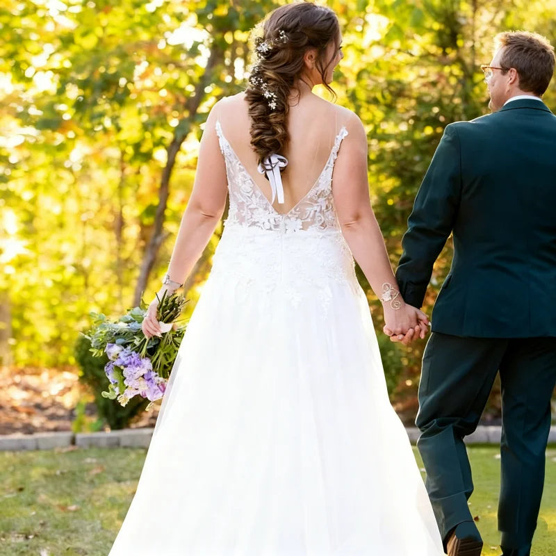2025 Custom Made White Wedding Dress With Deep V - Neck Spaghetti Straps Floral Lace Embroidery Sheer Back and Tulle Skirt