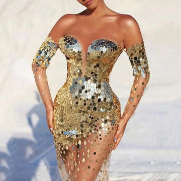 Sexy Sequins Mesh See Through Dress Women Off Shoulder Tassel Gold Long Evening Dresses Female Night Club Prom Vestidos Femme