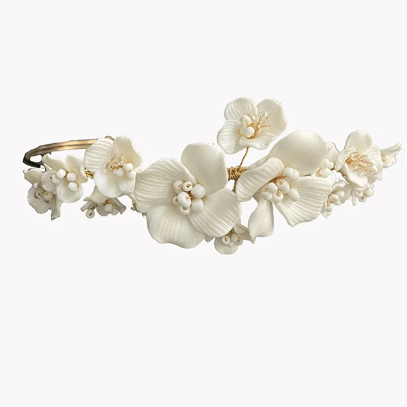 Bridal Hair Jewelry Vintage Headband Hairband Porcelain Flower Headpiece Headdress Bride Gold Color Headwear Wedding Accessories