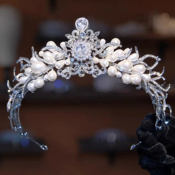 Bridal Hair Jewelry Crystal Zirconia Tiaras and Crowns Princess Queen Diadem For Brides Pearl Headpieces Wedding Accessories