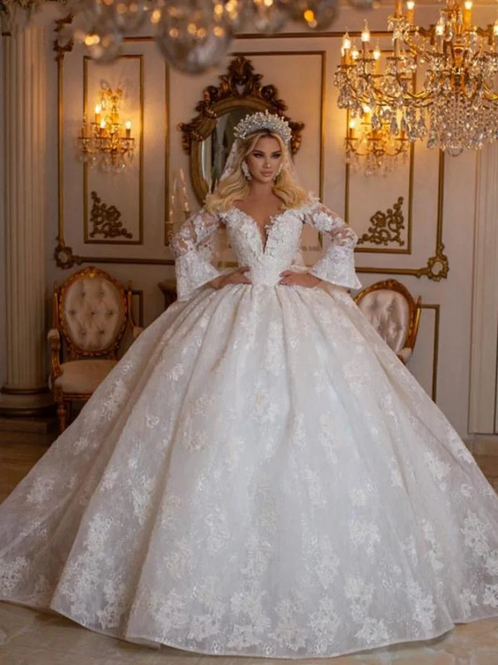 Luxury ball gown deep V-neck sequins lace bridal dress Dubai elegant wedding dress vestidos de novia custom – Pollyanna Events