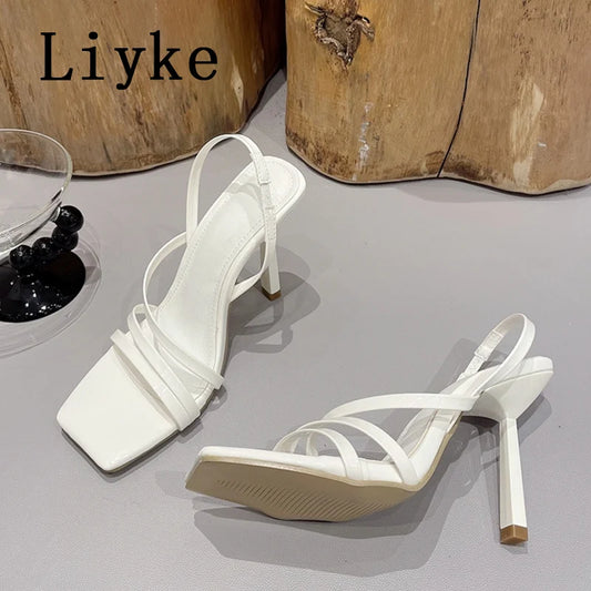 Liyke 2024 New Gold Silver Square Toe Slip On Elastic Back Strap Sandals Women Gladiator High Heels Summer Party Prom Shoes