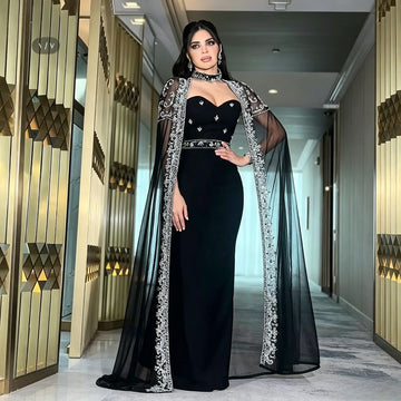 Luxury Black Midi Evening Dress Gown Featuring Strapless Sweetheart Bust Decorated With Scattered Silver Rhinestones