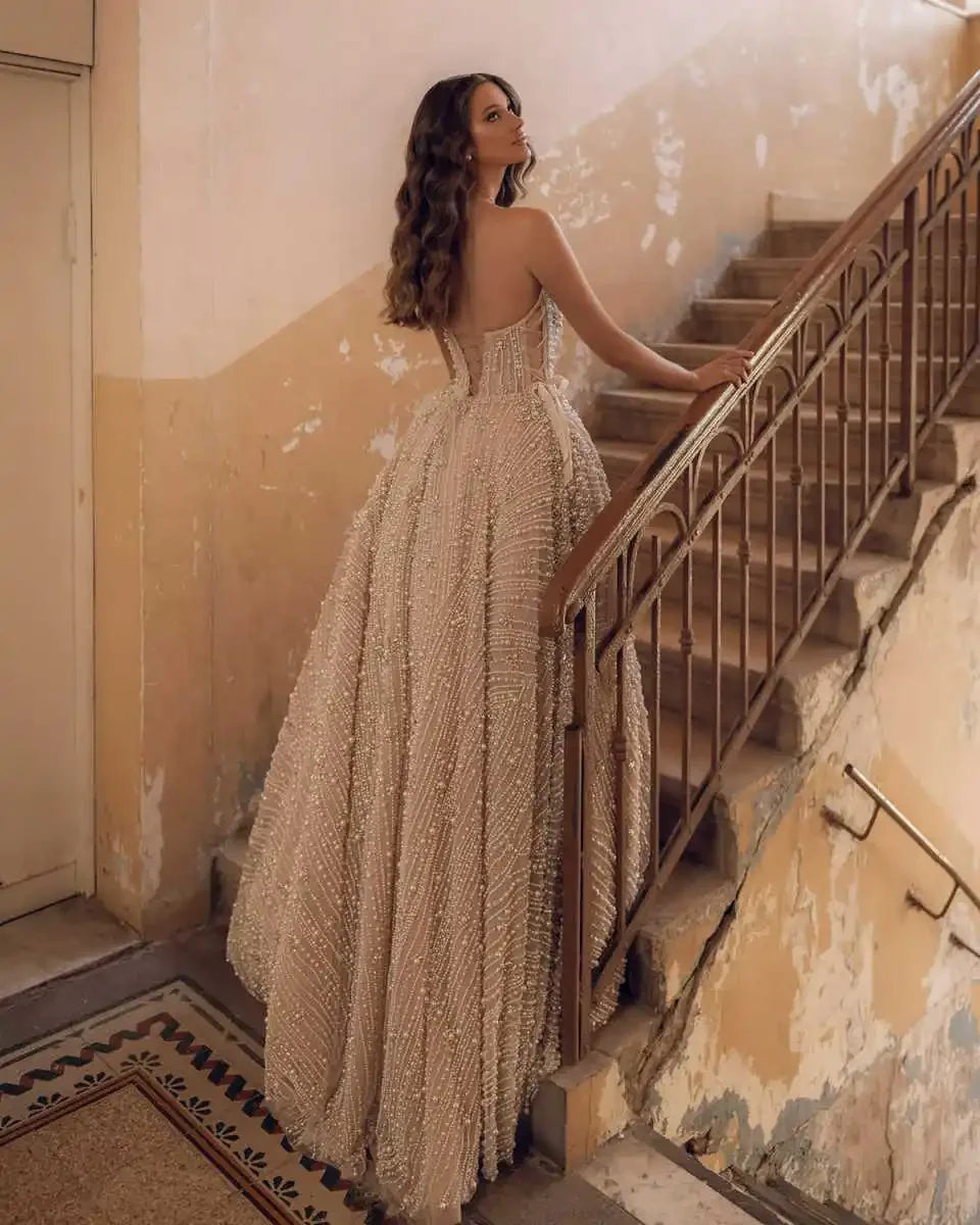 Customized Luxury Exquisite Strapless A Line Wedding Dress Beaded Lace Bridal Dress Beaded Pearls Sweep Train vestidos de novia