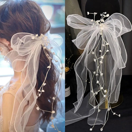 New Bride Wedding Dress Headdress Net Yarn Handmade Veil Beautiful Temperament Side Clip Bow Wave Hairpin White Mesh Veil Clips