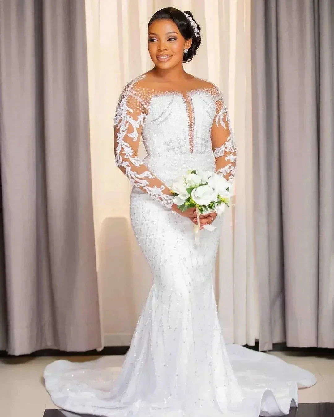 Luxurious sheer neck long illusion sleeves crystal sequins bridal gown wedding dress – Pollyanna Events
