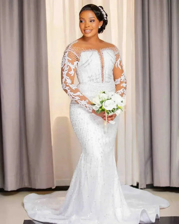 Luxurious sheer neck long illusion sleeves crystal sequins bridal gown wedding dress – Pollyanna Events