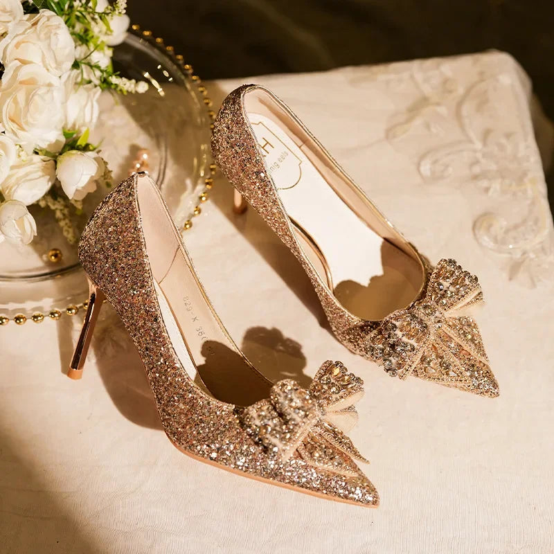Sequined rhinestone butterfly women pumps gold silver high heels party wedding shoes autumn pointed – Pollyanna Events