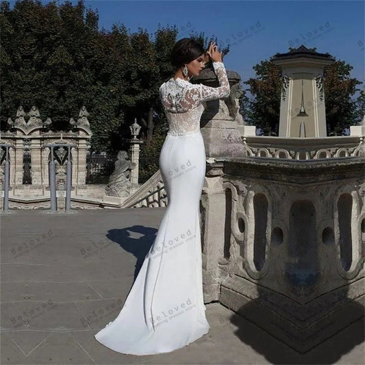 Vintage Wedding Dresses Elegant Bridal Gowns Lace Appliques Full Sleeves Satin Robes For Formal Party Elegant Vestidos De Novia