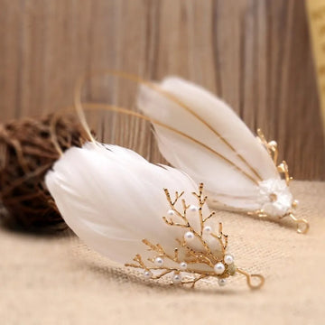 White Feather Tiara Headband Wedding Hair Accessories For Girl Women Crowns Fashion Pearl Tiaras Korona Branches Hair Ornaments
