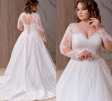Plus Size A Line Wedding Dresses Bridal Gowns V Neck Long Illusion Sleeve Lace Appliqued Sweep Train