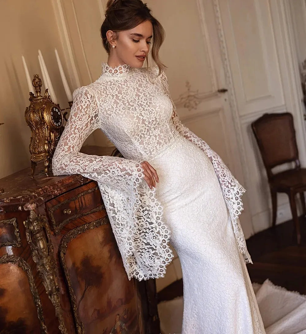Elegant lace high neck long sleeves buttons back sweep train classic bridal gown 2026 – Pollyanna Events