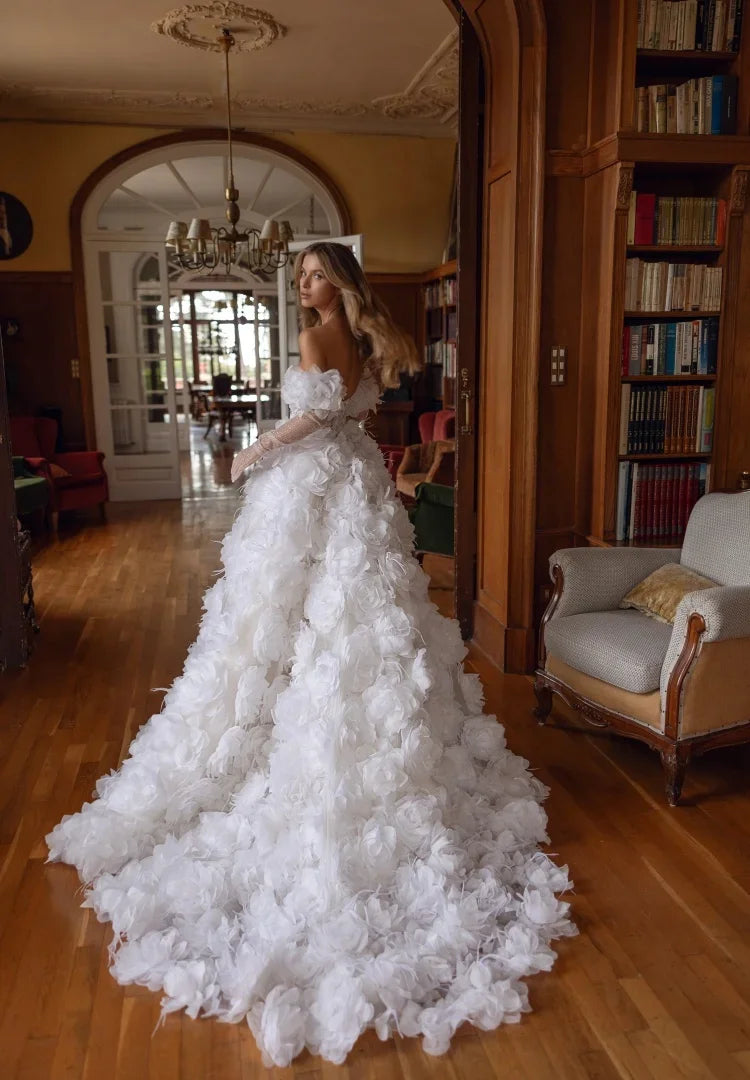Customized Sharon Said Luxurious Off Shoulder White Satin Wedding Dress 2025 Romantic 3D Flowers Long Glove Bride Gowns